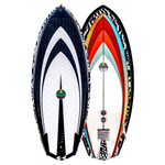 Top and base of colorful Shim wakeboard: one hexagonal, the other striped, with DuraShell.