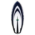 Shim wakeboard with geometric pattern, colorful logo, and DuraShell Construction.