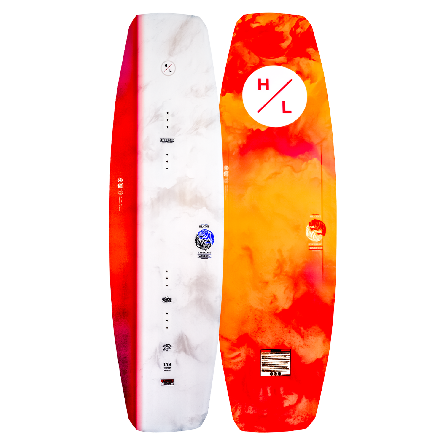 Top and base of colorful TNT wakeboard with E-Core Construction designs in red, white, and orange.