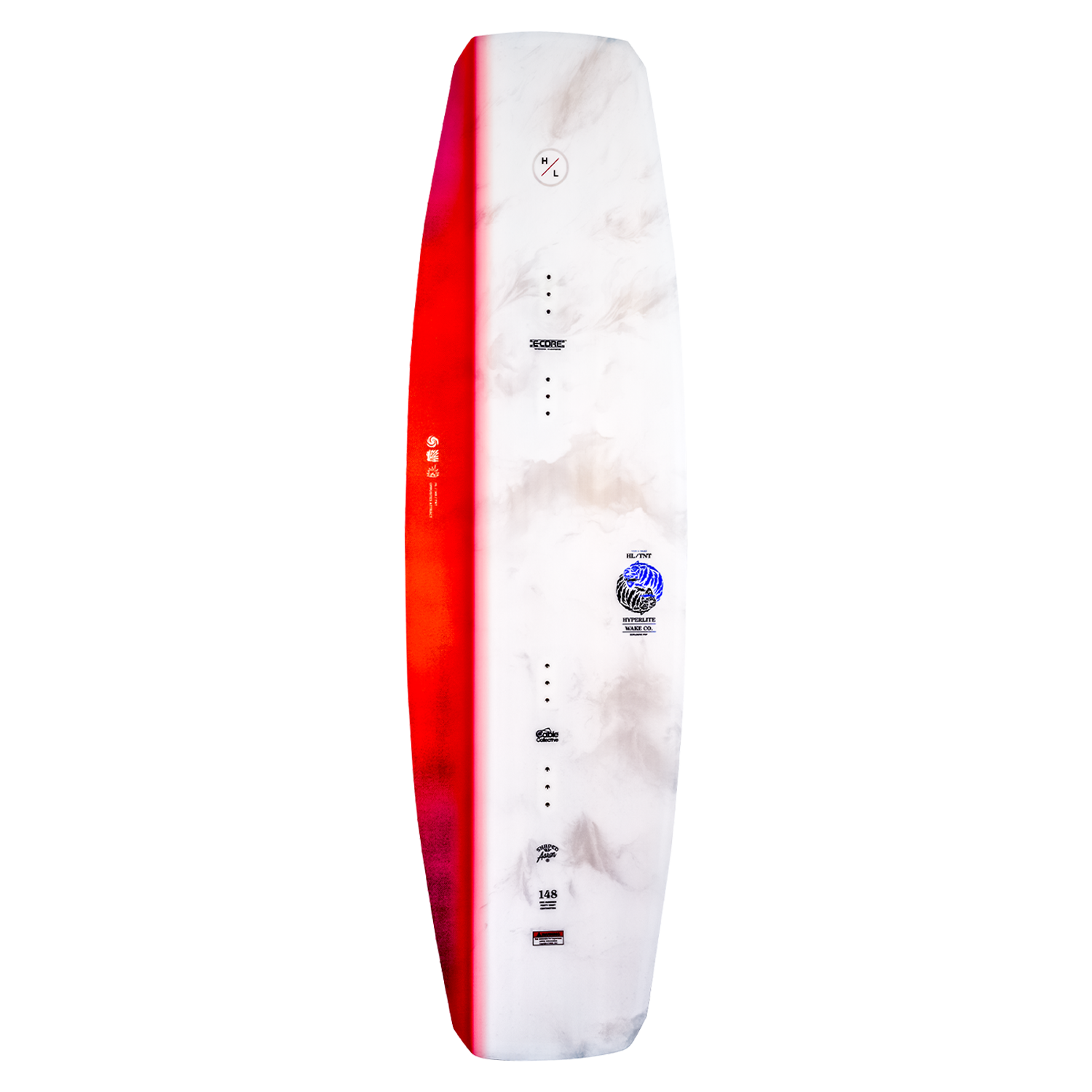 TNT wakeboard: Red & white with logos, featuring E-Core Construction graphics.