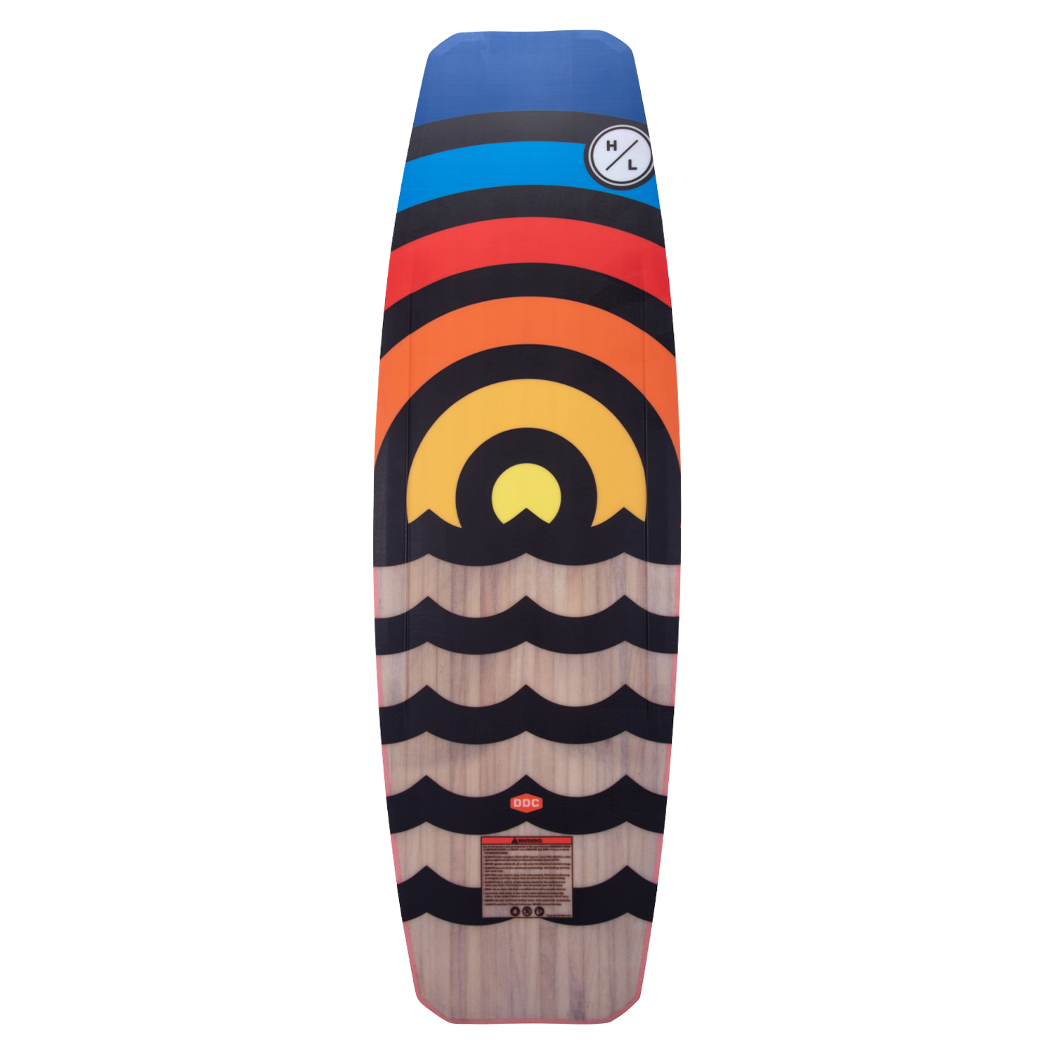 Union wakeboard with stripes and waves, featuring a top right Woodlite Core logo.