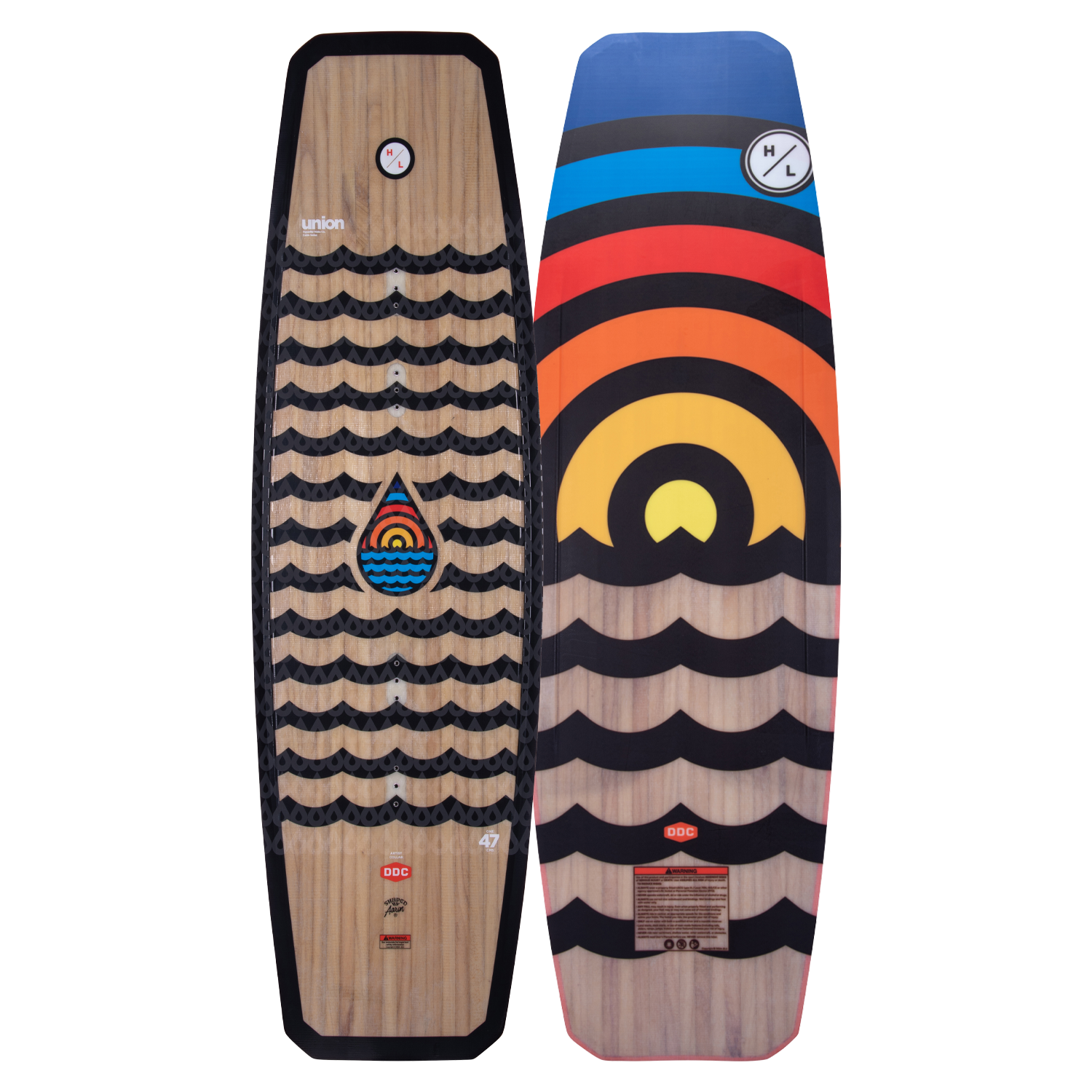 Top and base of colorful Union wakeboard with wave and drop motifs feature a strong Woodlite Core.