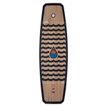 Union wakeboard with wavy black stripes, colorful drop logo, and Woodlite Core.