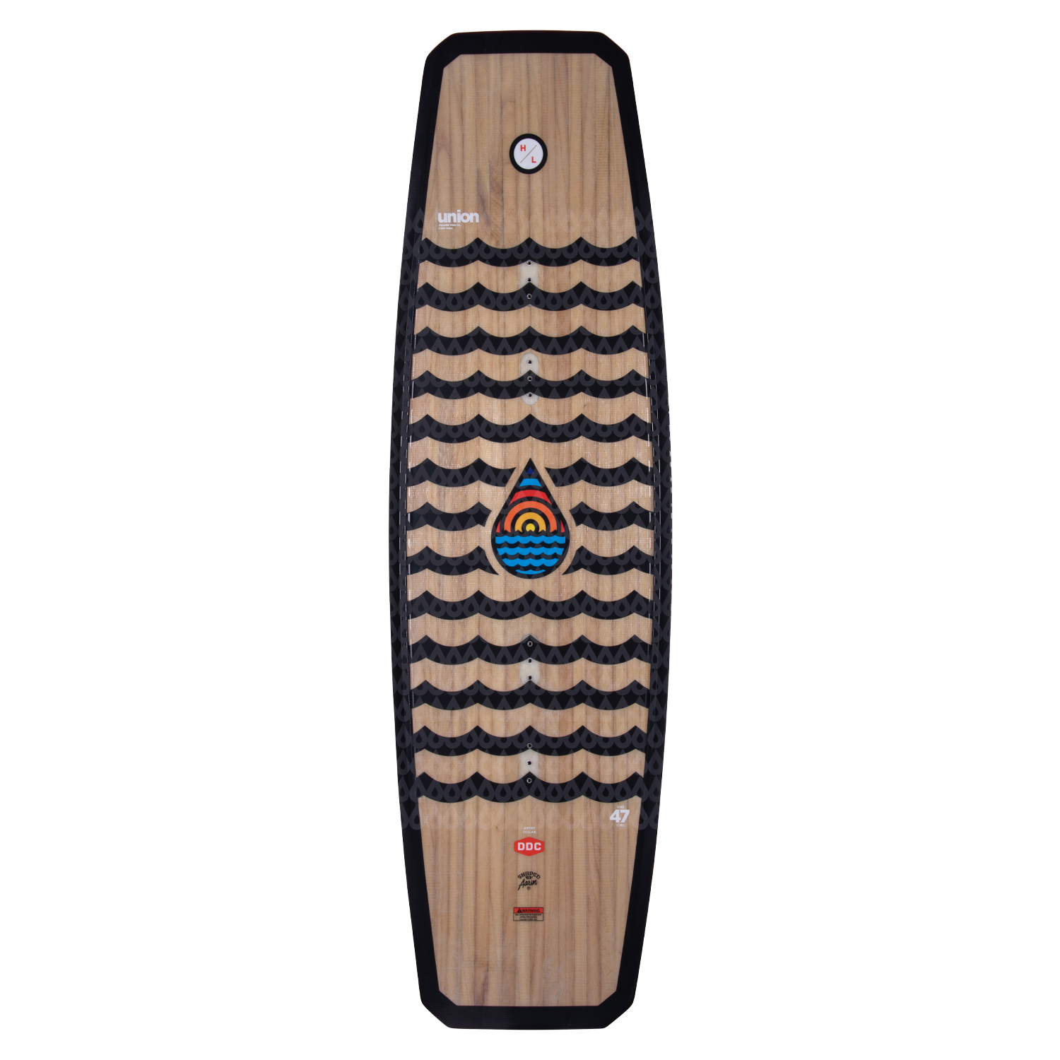 Union wakeboard with wavy black stripes, colorful drop logo, and Woodlite Core.