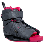 Viva Binding: Gray/pink, open toe, adjustable straps, textured finish.