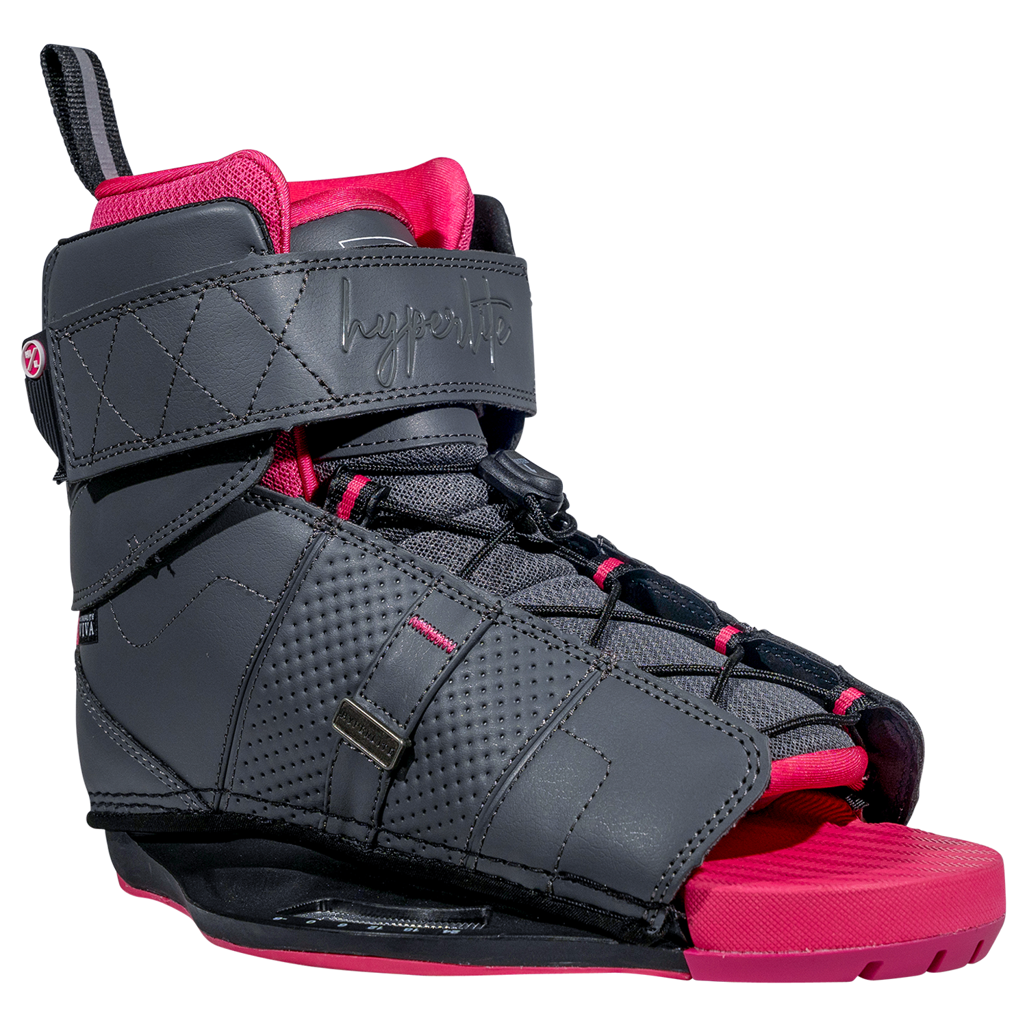 Viva Binding: Gray/pink, open toe, adjustable straps, textured finish.