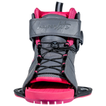 Front view of pink/gray Viva binding with black laces, open toe design.