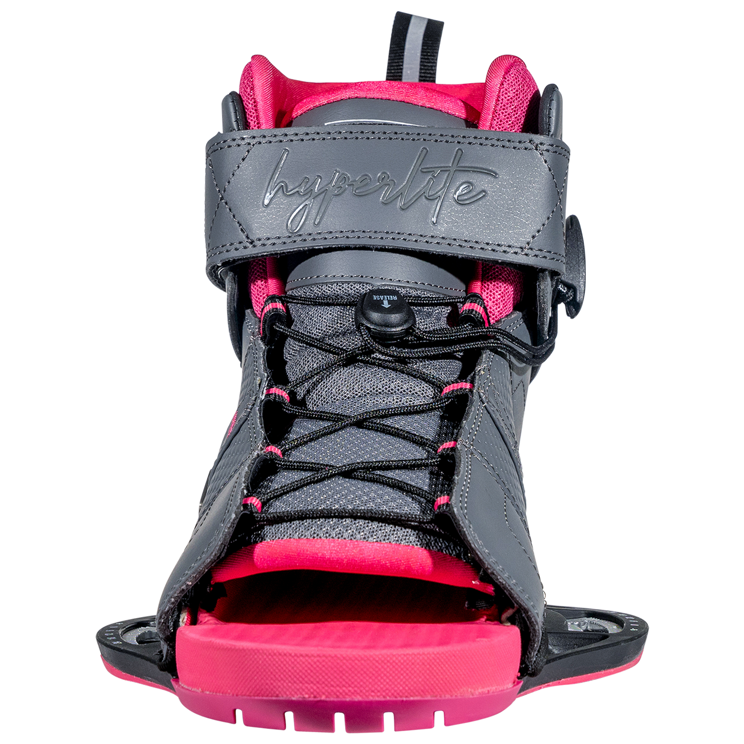 Front view of pink/gray Viva binding with black laces, open toe design.