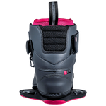 Back view of a black/pink snowboard boot with straps, featuring Viva Binding details.