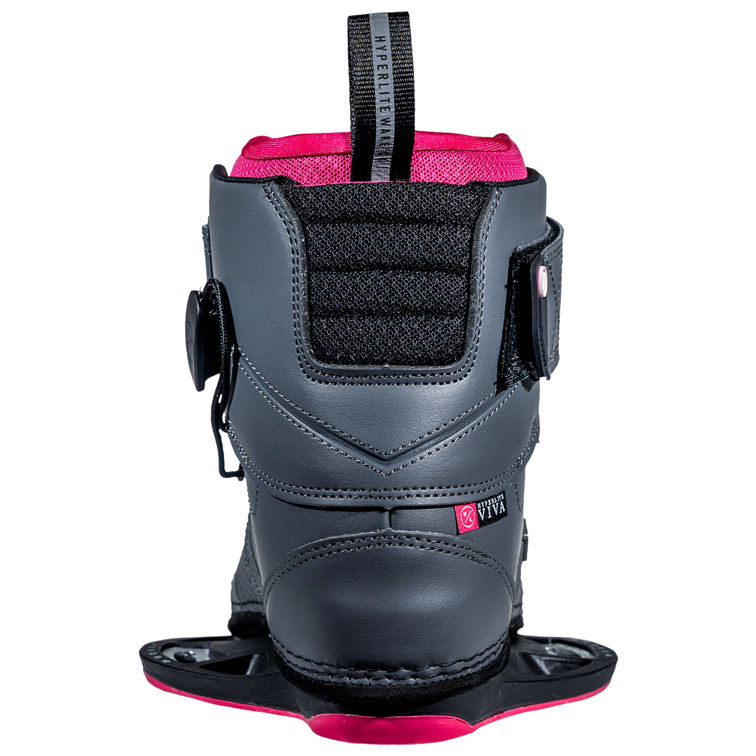 Back view of a black/pink snowboard boot with straps, featuring Viva Binding details.
