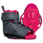 Prizm w/Viva Binding wakeboard boots in gray/pink with open toe & strap closure.