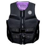 Ambition life vest: black with purple lining, buckle straps, and True Flex Technology.
