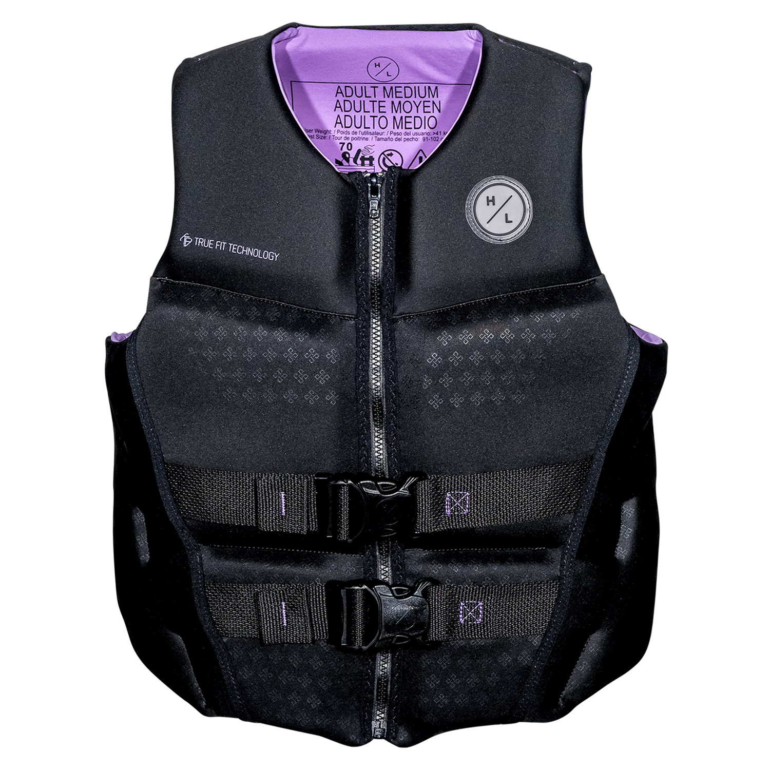 Ambition life vest: black with purple lining, buckle straps, and True Flex Technology.