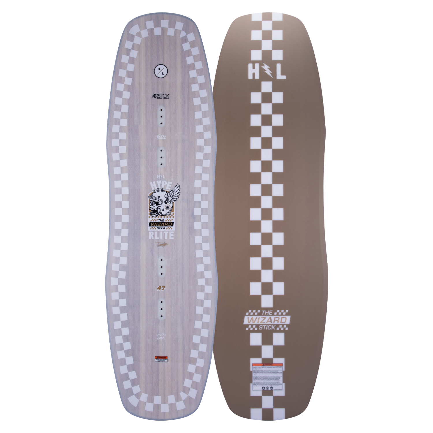 Checkered wakeboard with logos and Wizardstick text design.