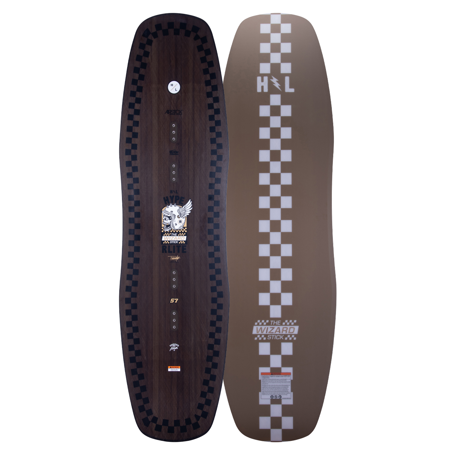 Top and base of Wizardstick wakeboard in brown with checkered patterns and intricate designs.