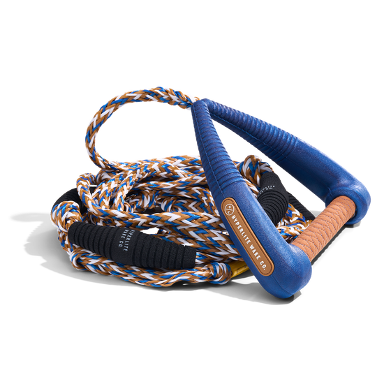Coiled 25' Pro Surf Rope - Blue featuring padded blue handle and grip.
