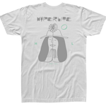 Back view of a white short-sleeve t-shirt with a large graphic of a peaceful woman wearing a hat and praying hands, ‘Hyperlite’ text above, and small mint green accents and text reading ‘Since 1991.