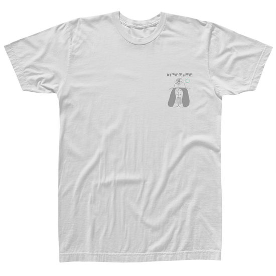 Front view of a white short-sleeve t-shirt with a small graphic of a peaceful woman wearing a hat and praying hands, ‘Hyperlite’ text above, and small mint green accents on the left chest area.