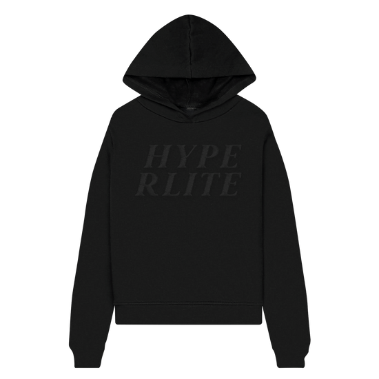 Front view of all black hoodie with a black print of Hyperlite on the front that is slightly blended into the all black hoodie.