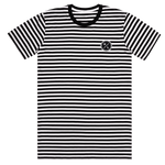 Front view of a black and white striped t-shirt with a small black circle H/L logo on the left chest.