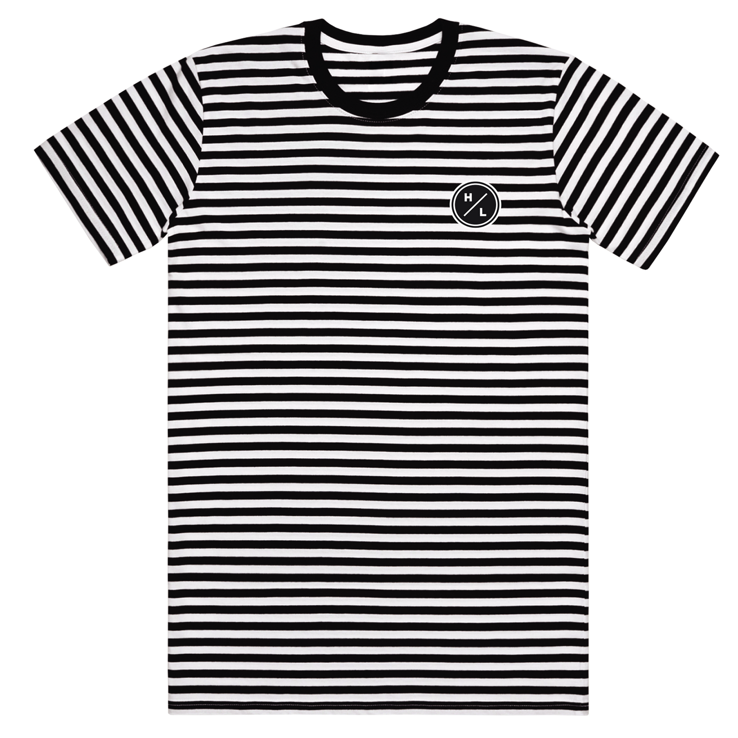 Front view of a black and white striped t-shirt with a small black circle H/L logo on the left chest.
