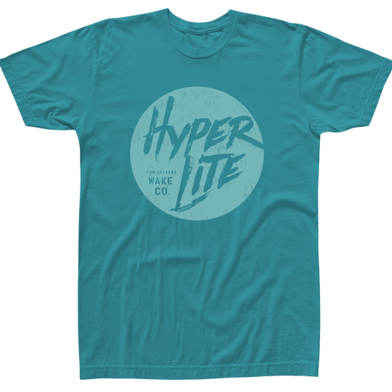 Front view of the Youth Fun Seeker T in turquoise with a large circular Hyperlite graphic.