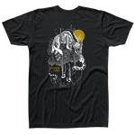 Back view of black t-shirt with an artistic drawing of a wolf fighting a snake with a small yellow sun in the background and the word "Hyperlite" in gold text.