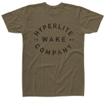 Back view of brown t-shirt with large black Hyperlite Wake Company 1991 logo in a circular design.