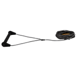 Angled view of Outlaw handle with black grip and black end caps attached to gray rope.