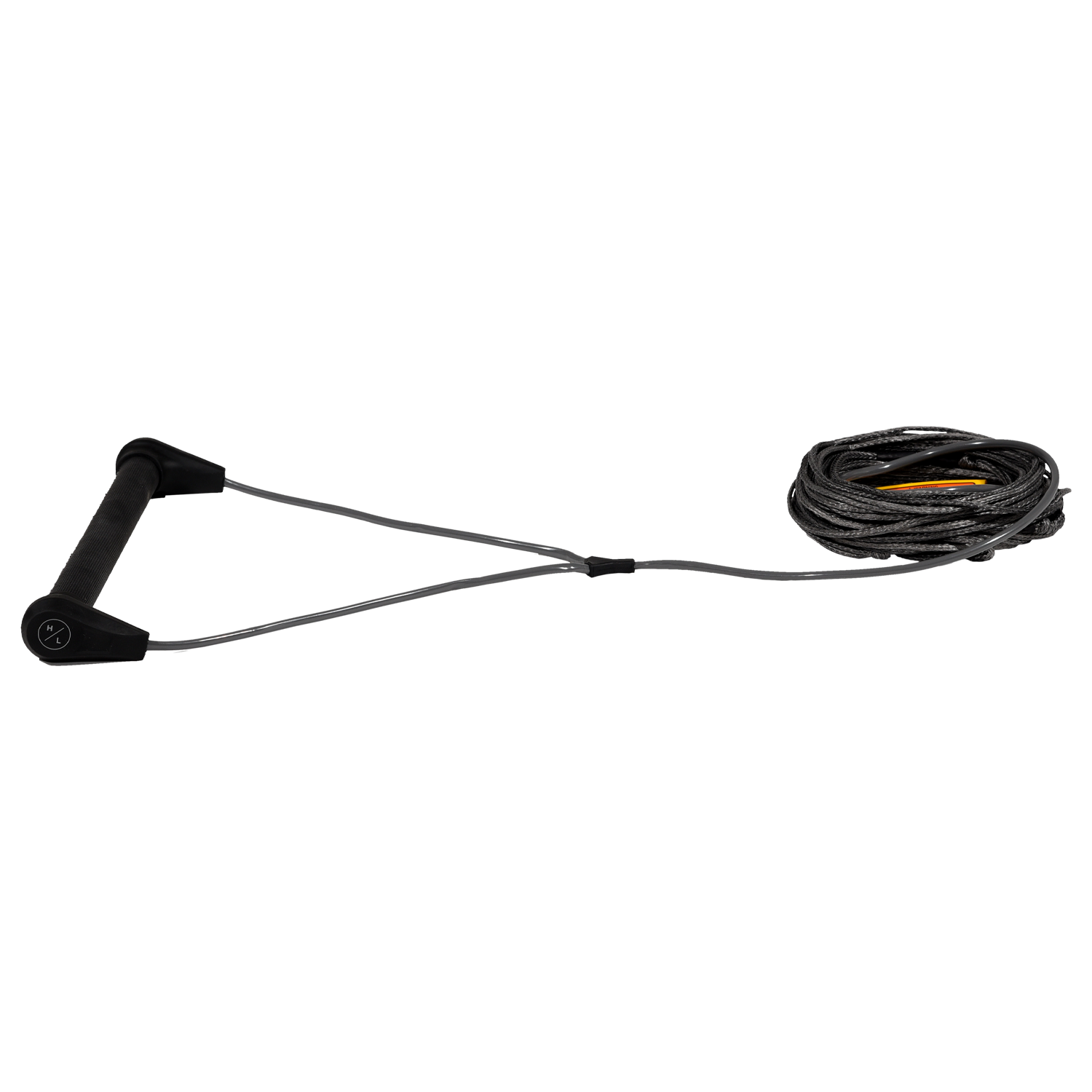 Angled view of Outlaw handle with black grip and black end caps attached to gray rope.