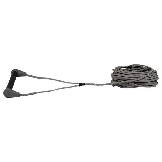 Angled view of Outlaw handle with black grip and gray end caps attached to gray rope.
