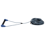 Angled view of Progression Series handle with black grip, blue end caps, and coiled blue rope.