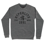 Grey crew neck sweatshirt with black Hyperlite logo saying trade mark 1991 with a snake biting a palm tree in the middle.