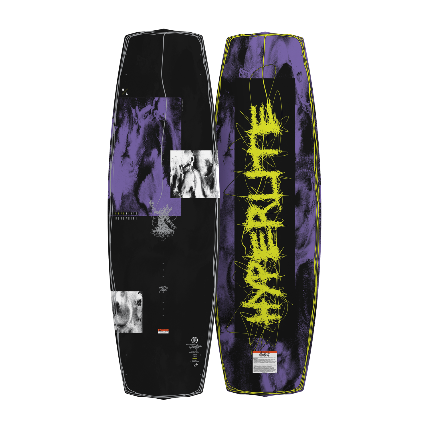 Top and bottom view of Blueprint wakeboard with abstract purple, black, and white design.