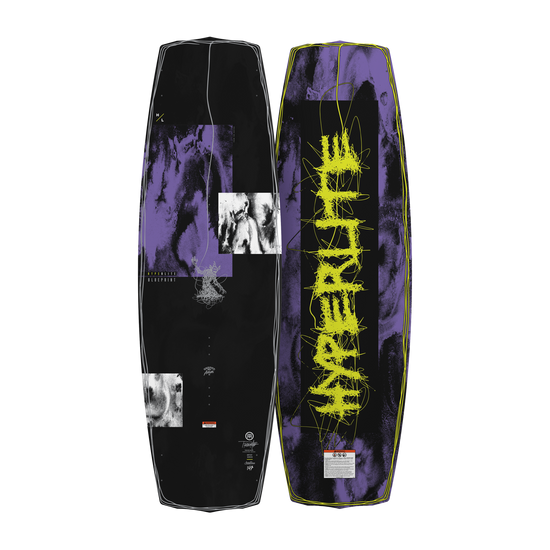 Top and bottom view of Blueprint wakeboard with abstract purple, black, and white design.