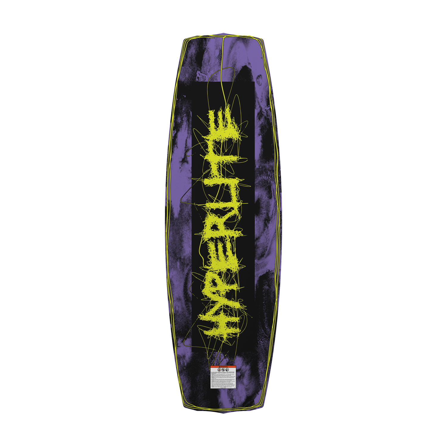 Base view of Blueprint wakeboard in black and purple with bold yellow logo.