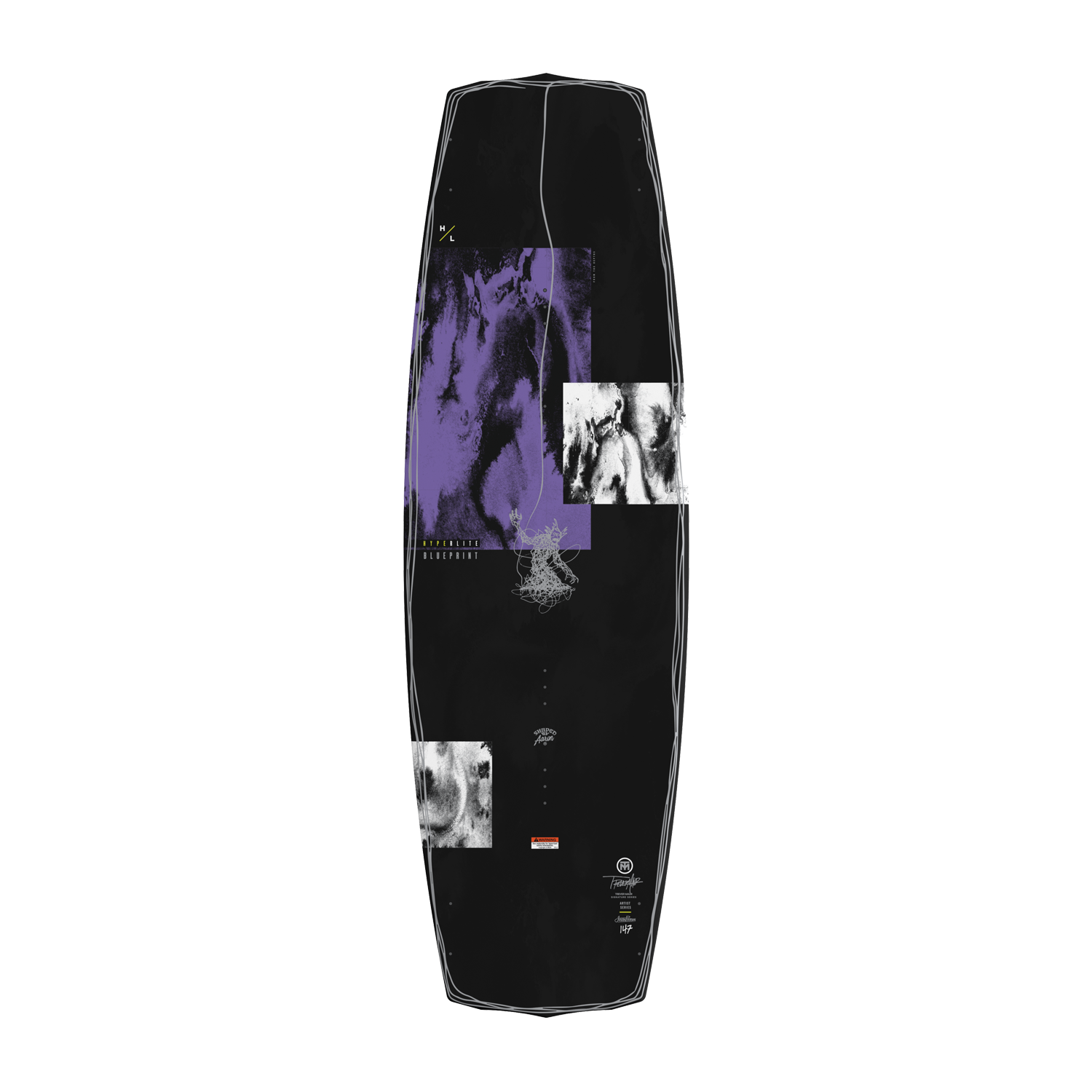 Top view of Blueprint wakeboard in black with purple and white graphic blocks.
