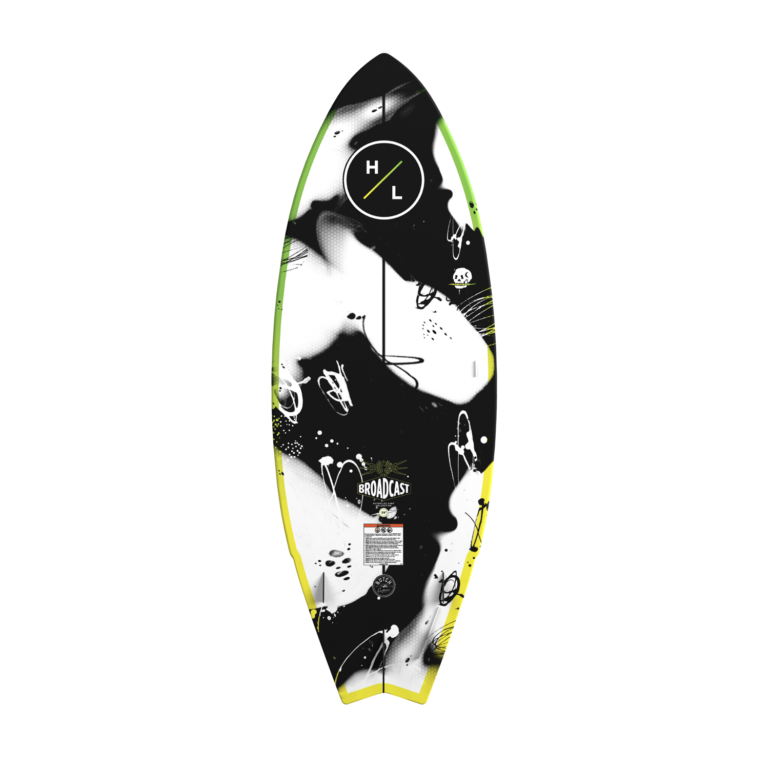 Base view of Broadcast wakesurf board in black and white abstract graphics.