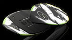 Angled side view of two Broadcast wakesurf boards showing fins, pad, and graphics.