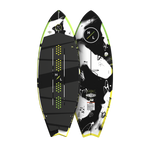 Top and base view of Broadcast wakesurf board with black pad and yellow accents.