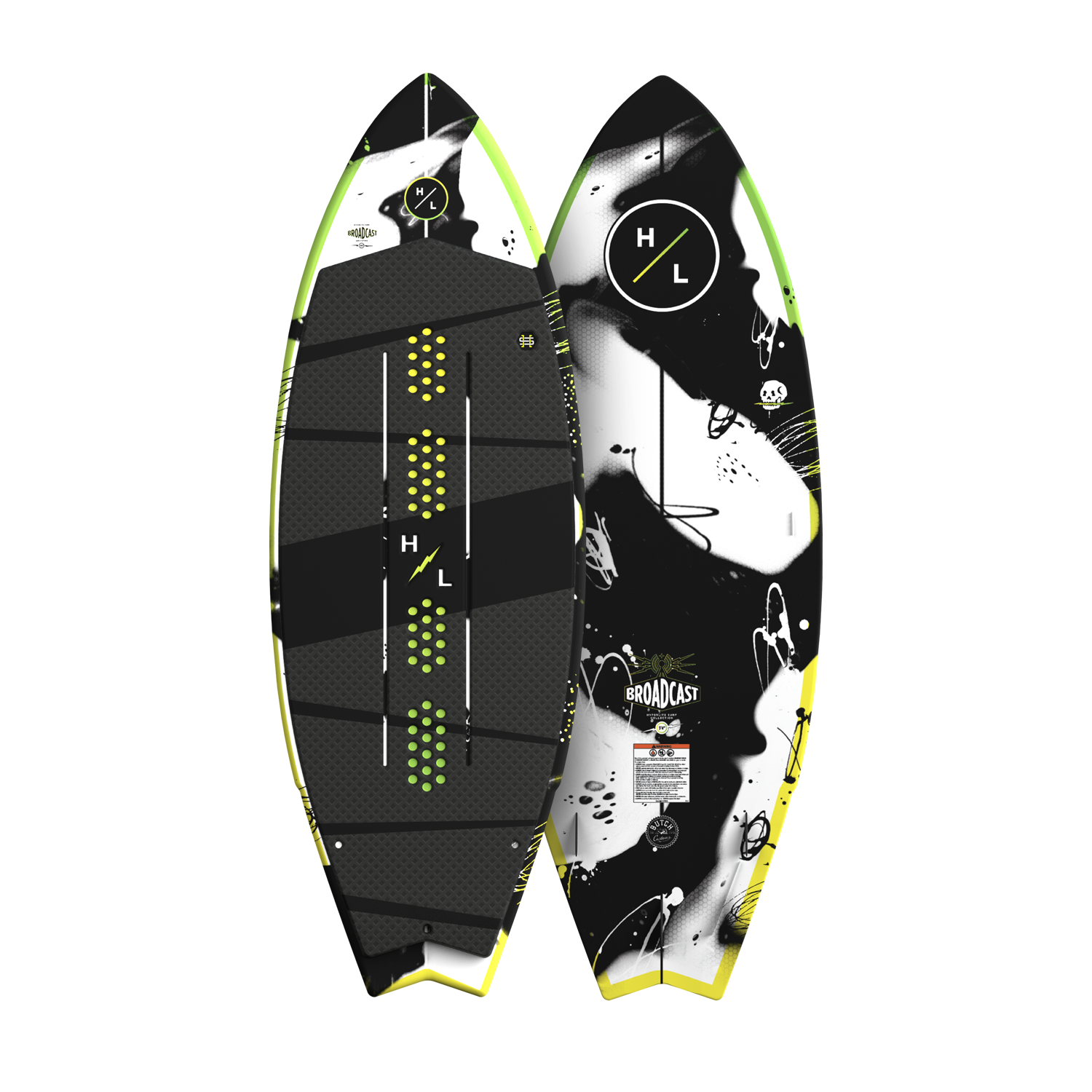 Top and base view of Broadcast wakesurf board with black pad and yellow accents.