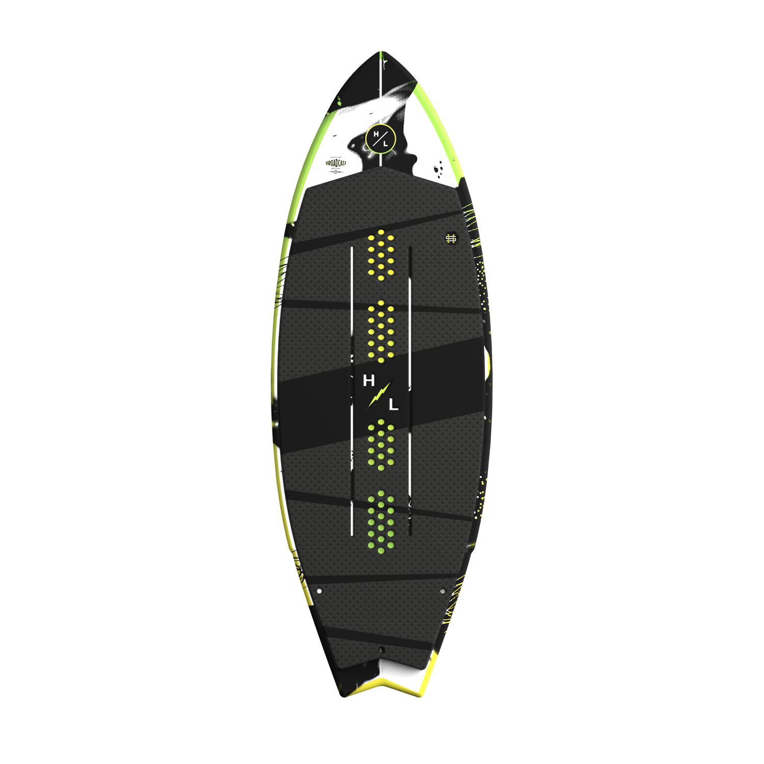 Top view of Broadcast wakesurf board with black traction pad and logo details.