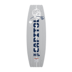 Bottom view of Capitol wakeboard in gray with bold blue lettering and skull artwork.