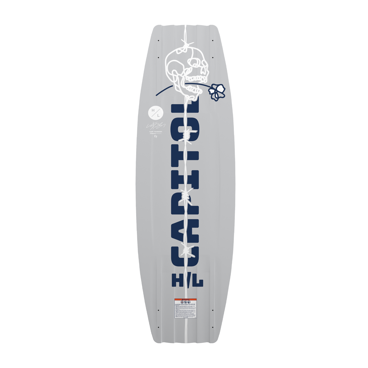 Bottom view of Capitol wakeboard in gray with bold blue lettering and skull artwork.