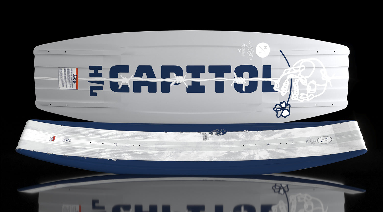 Capitol wakeboard base and top displayed side by side showing contrast graphics.