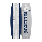 Top and bottom view of Capitol wakeboard in navy and white with skull graphic design.