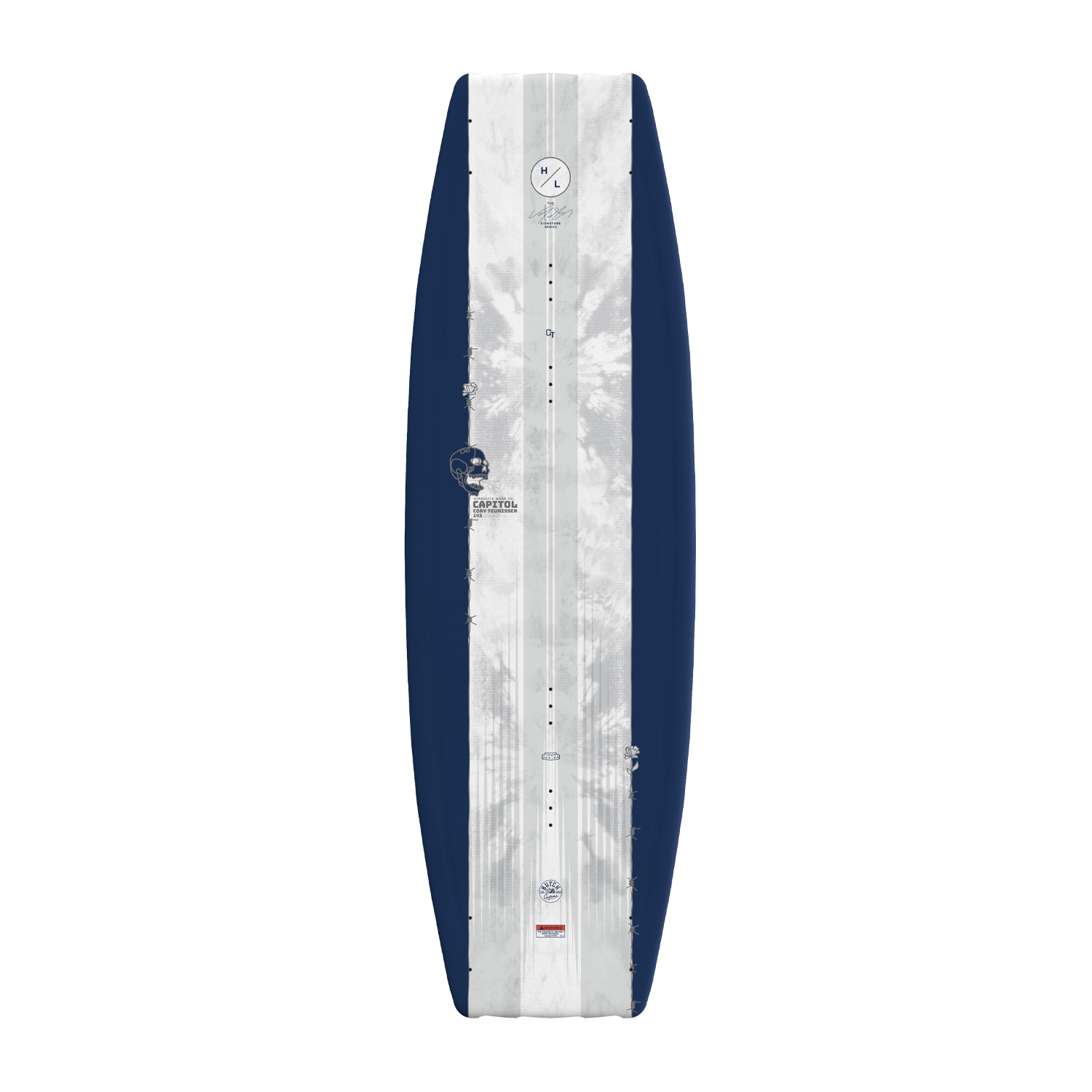 Top view of Capitol wakeboard with navy rails and light center design.