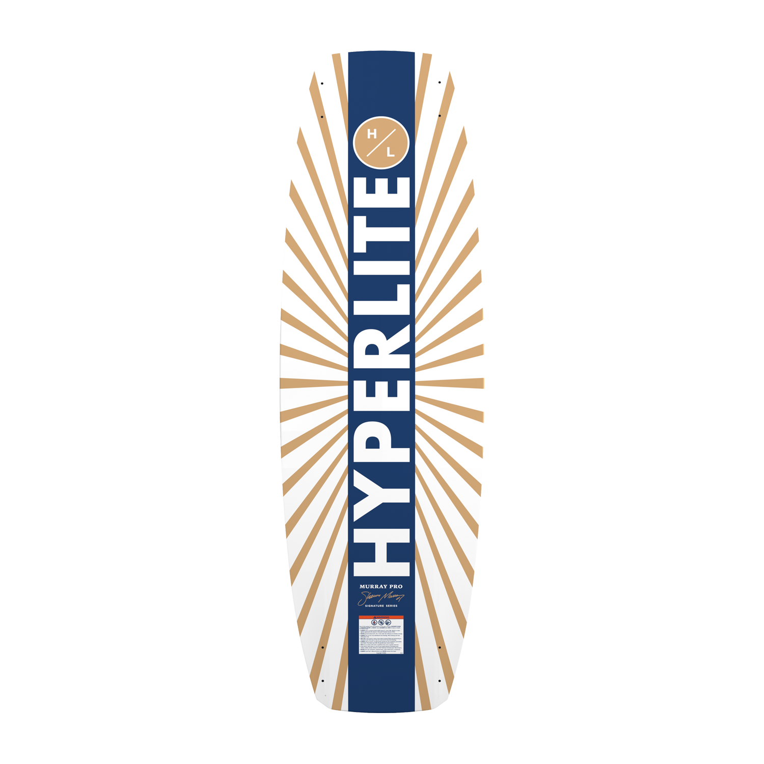 Bottom view of Murray wakeboard with bold gold sunburst and vertical Hyperlite logo.