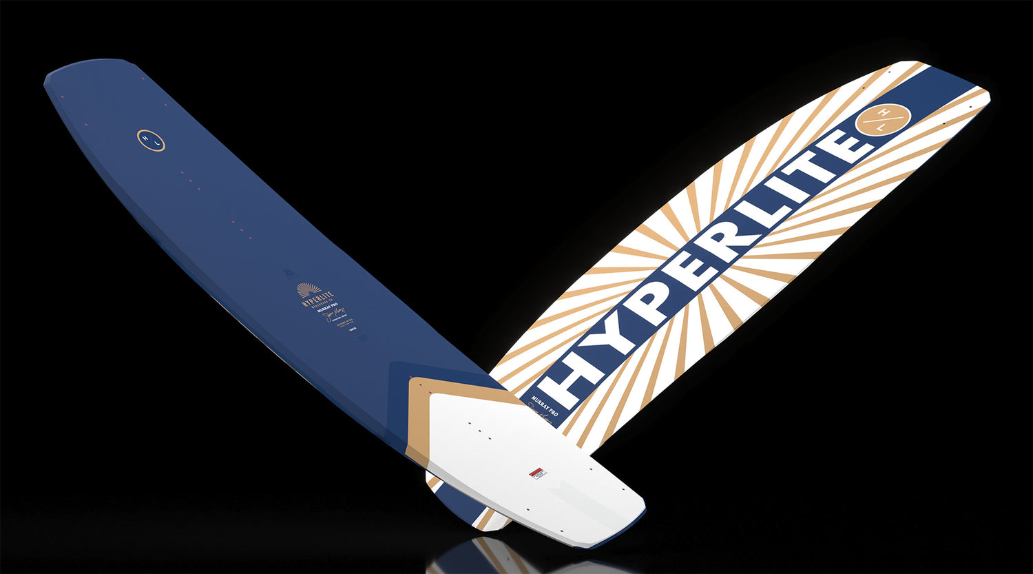 Angled view of Murray wakeboard highlighting clean blue top and gold sunburst base design.
