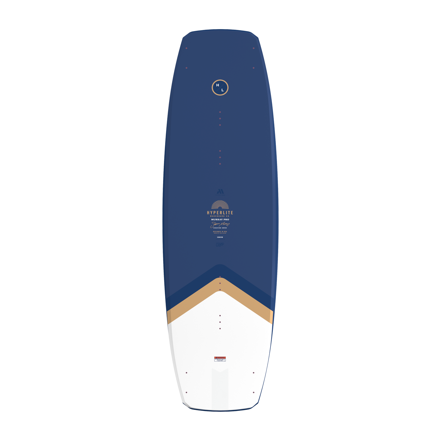 Top view of Murray wakeboard featuring blue deck with gold and white geometric design.